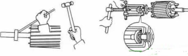圖1-1-3使用拉拔器拆卸軸承。圖1-1-4取下軸承的絲錐